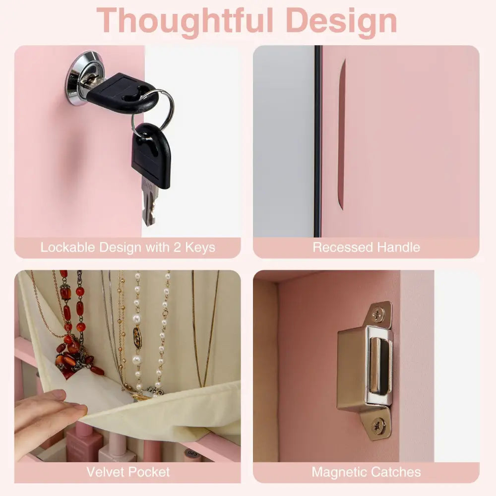 Wall and Door Mounted Mirrored Jewelry Cabinet with Lights-Pink - Pink - Jewelry Armoires