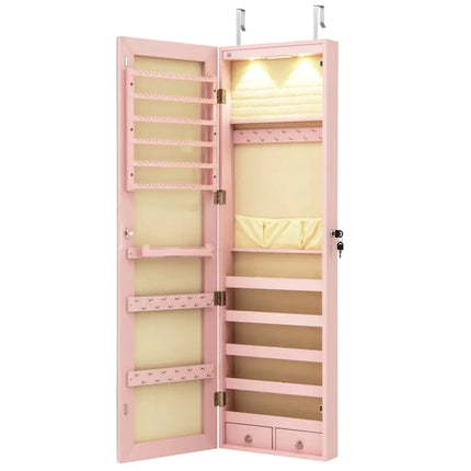 Wall and Door Mounted Mirrored Jewelry Cabinet with Lights-Pink - Pink - Jewelry Armoires