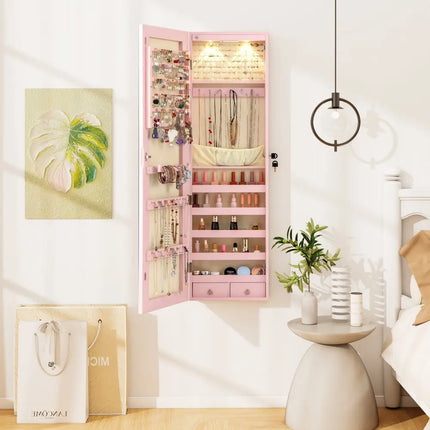 Wall and Door Mounted Mirrored Jewelry Cabinet with Lights-Pink - Pink - Jewelry Armoires