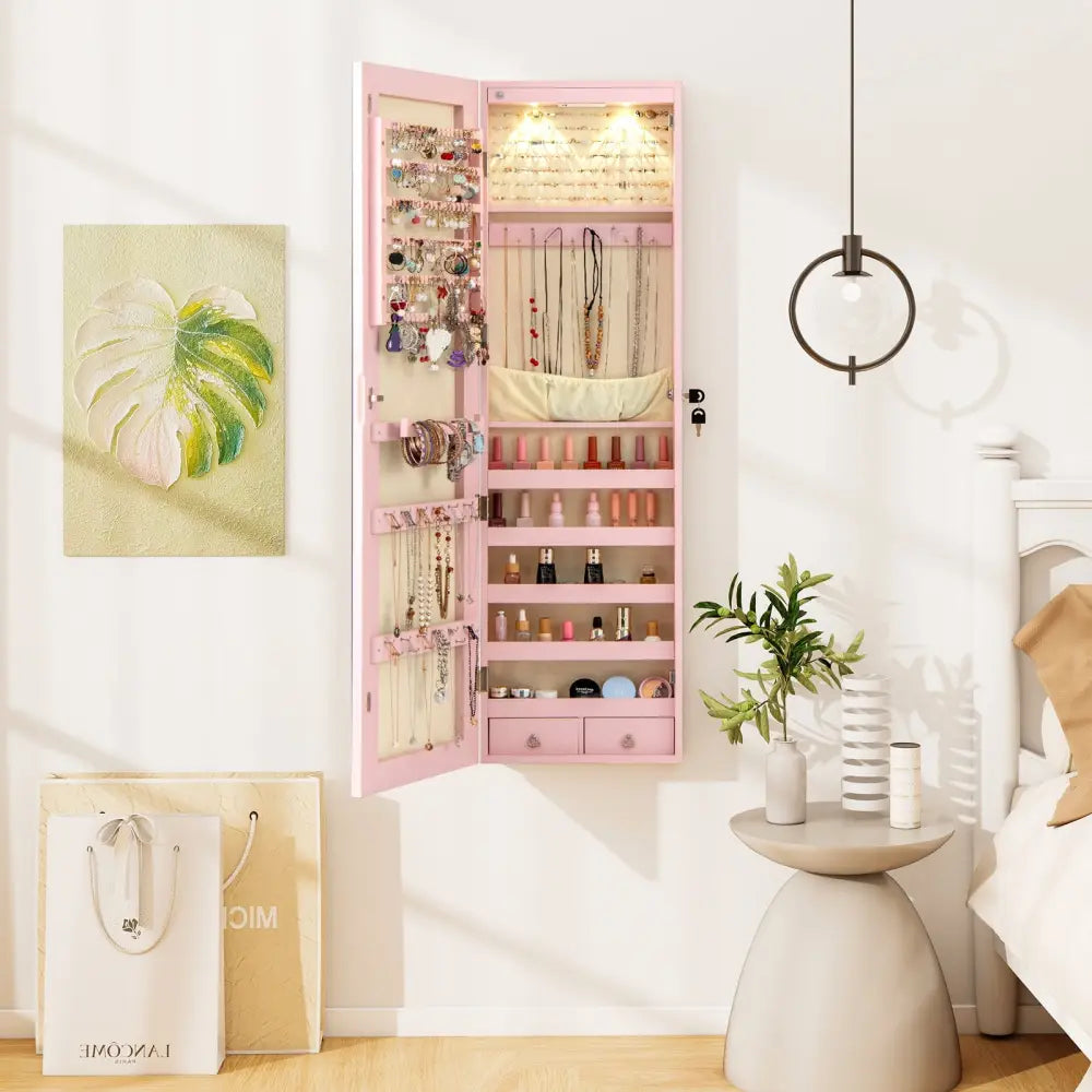 Wall and Door Mounted Mirrored Jewelry Cabinet with Lights-Pink - Pink - Jewelry Armoires