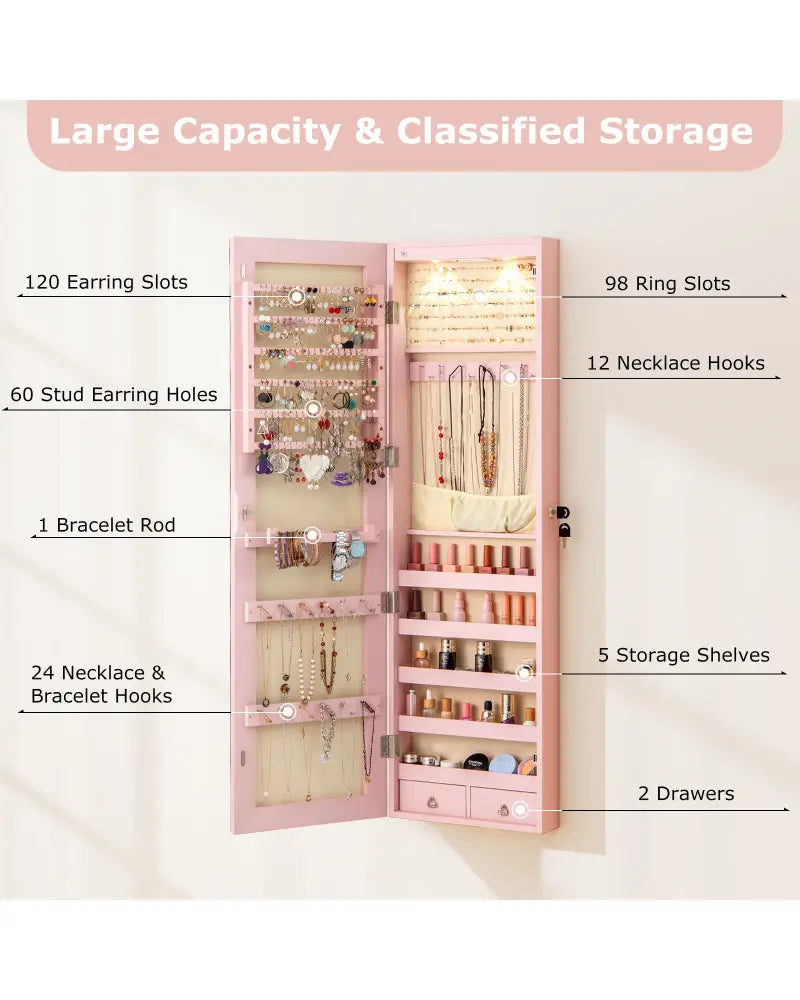 Wall and Door Mounted Mirrored Jewelry Cabinet with Lights-Pink - Pink - Jewelry Armoires
