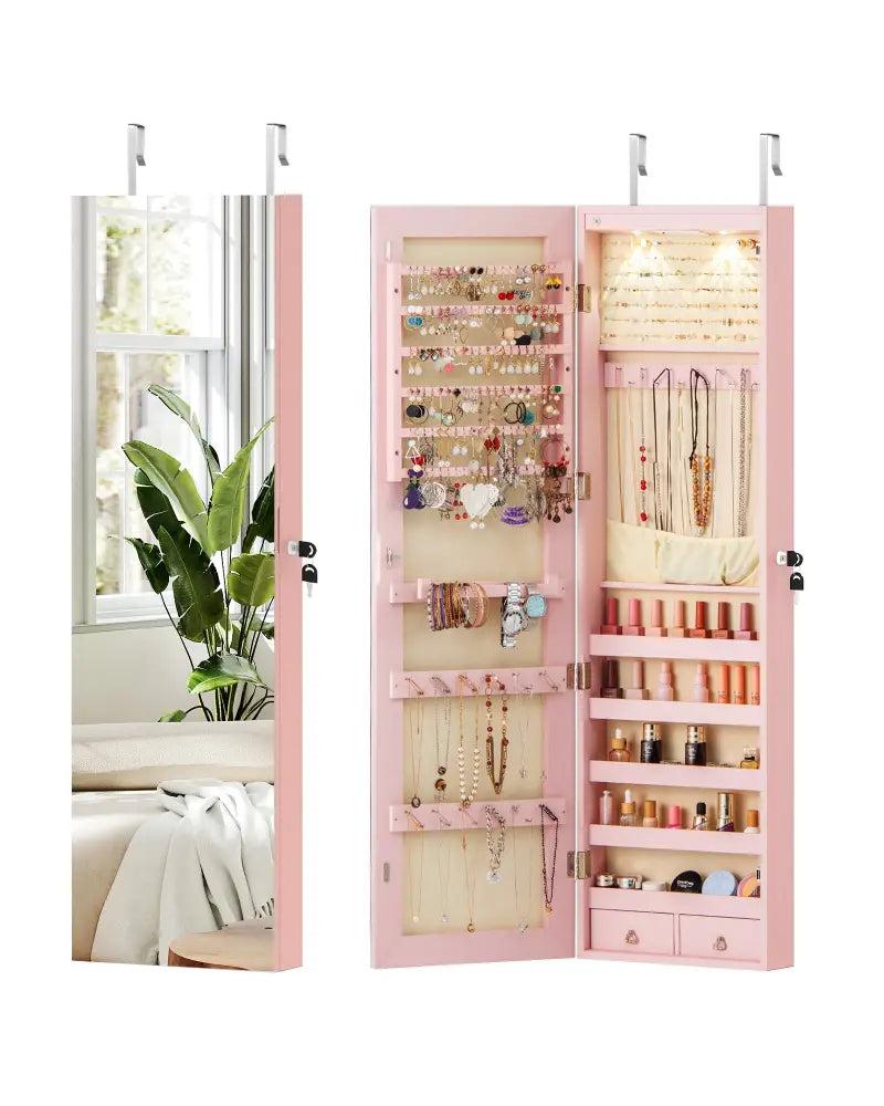 Wall and Door Mounted Mirrored Jewelry Cabinet with Lights-Pink - Pink - Jewelry Armoires