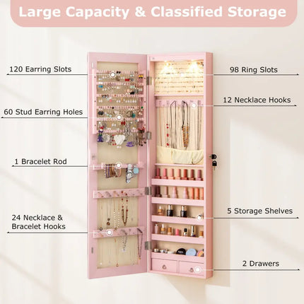 Wall and Door Mounted Mirrored Jewelry Cabinet with Lights-Pink - Pink - Jewelry Armoires