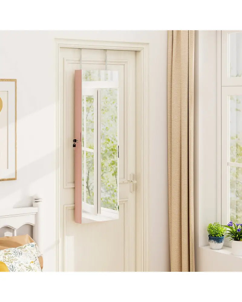 Wall and Door Mounted Mirrored Jewelry Cabinet with Lights-Pink - Pink - Jewelry Armoires