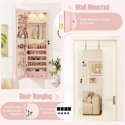 Wall and Door Mounted Mirrored Jewelry Cabinet with Lights-Pink - Pink - Jewelry Armoires