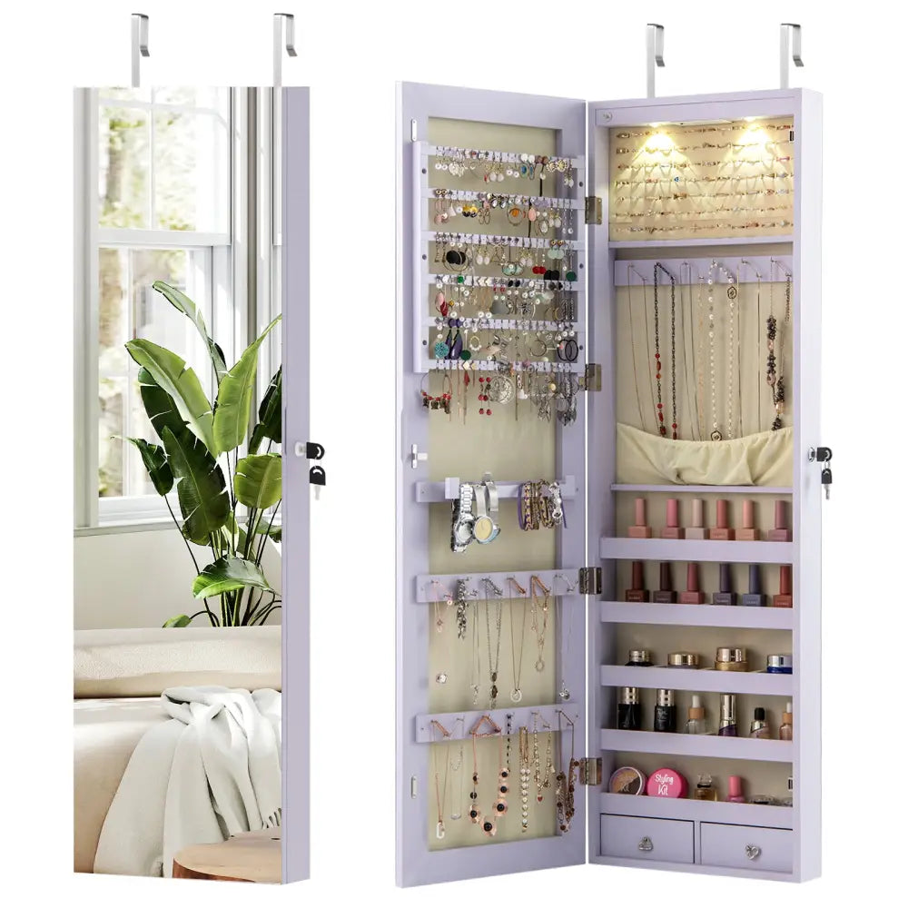 Wall and Door Mounted Mirrored Jewelry Cabinet with Lights-Purple - Purple - Jewelry Armoires
