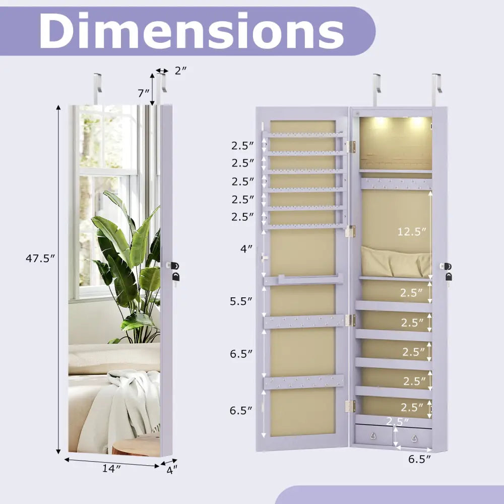 Wall and Door Mounted Mirrored Jewelry Cabinet with Lights-Purple - Purple - Jewelry Armoires
