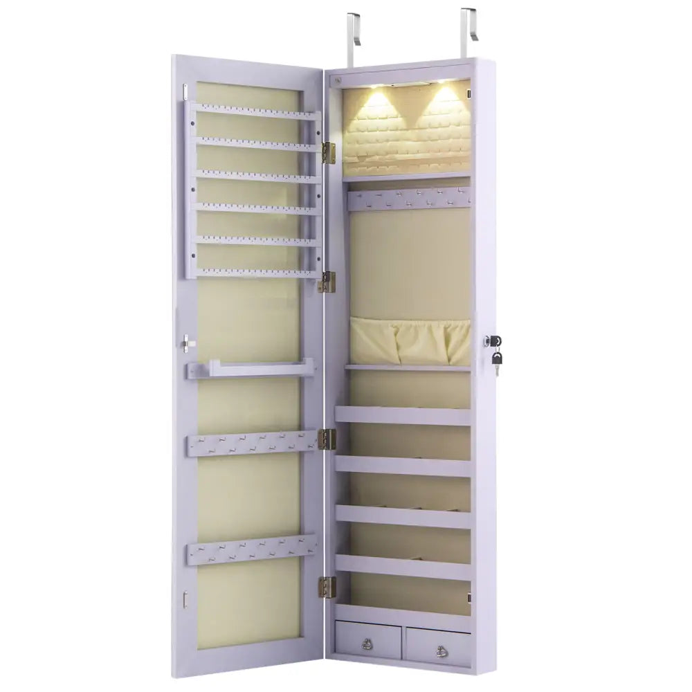 Wall and Door Mounted Mirrored Jewelry Cabinet with Lights-Purple - Purple - Jewelry Armoires
