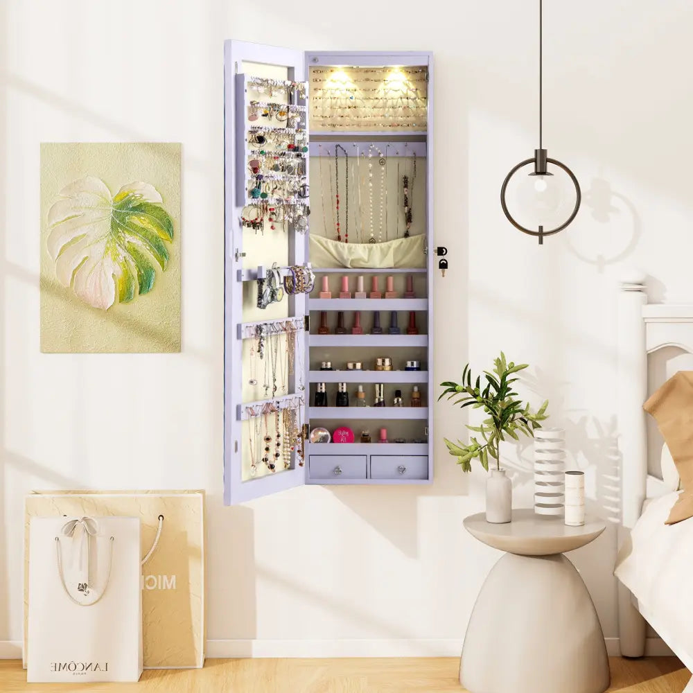 Wall and Door Mounted Mirrored Jewelry Cabinet with Lights-Purple - Purple - Jewelry Armoires