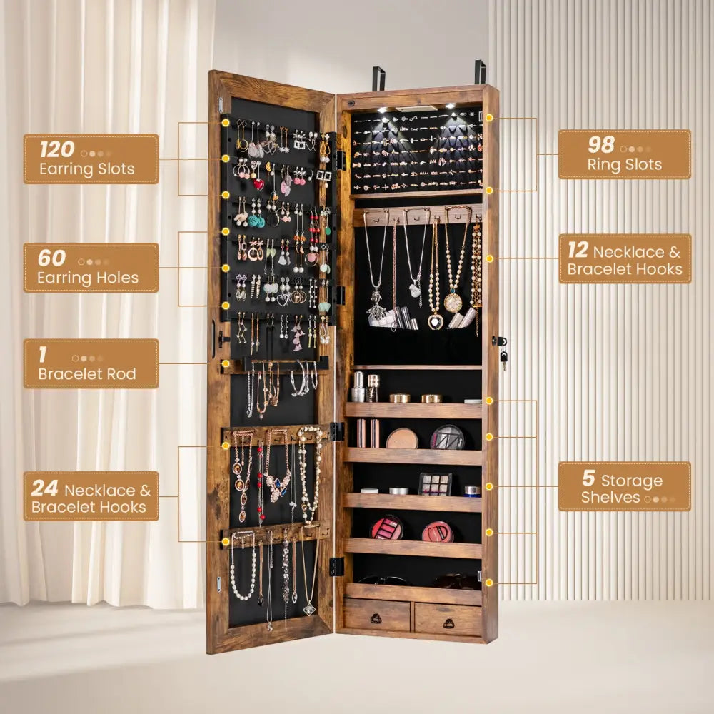 Wall and Door Mounted Mirrored Jewelry Cabinet with Lights-Rustic Brown - Rustic Brown - Jewelry Armoires