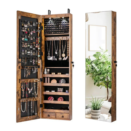 Wall and Door Mounted Mirrored Jewelry Cabinet with Lights-Rustic Brown - Rustic Brown - Jewelry Armoires