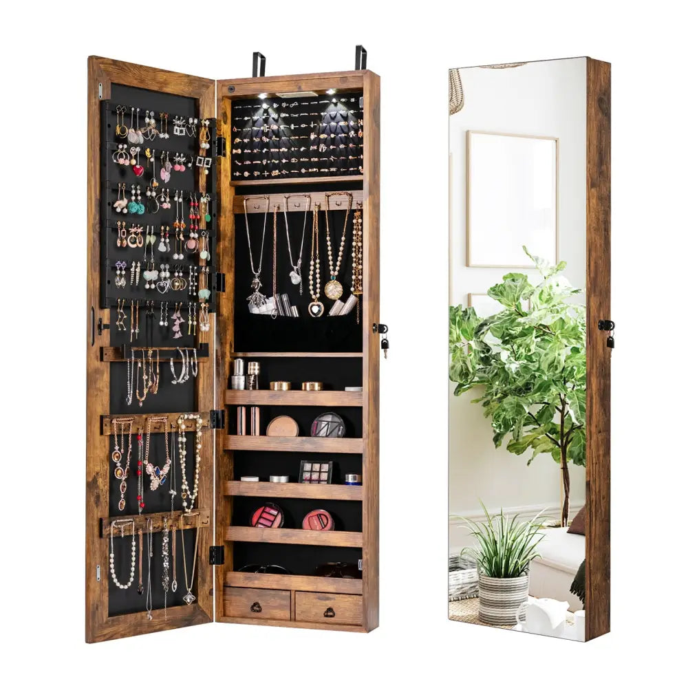 Wall and Door Mounted Mirrored Jewelry Cabinet with Lights-Rustic Brown - Rustic Brown - Jewelry Armoires