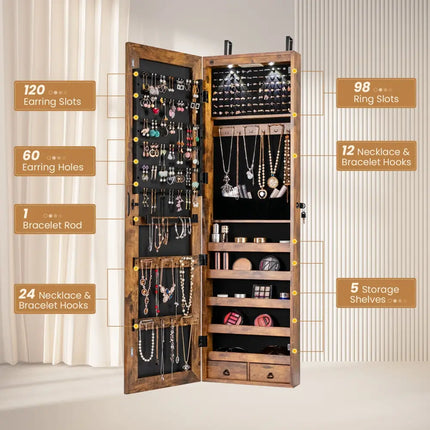 Wall and Door Mounted Mirrored Jewelry Cabinet with Lights-Rustic Brown - Rustic Brown - Jewelry Armoires