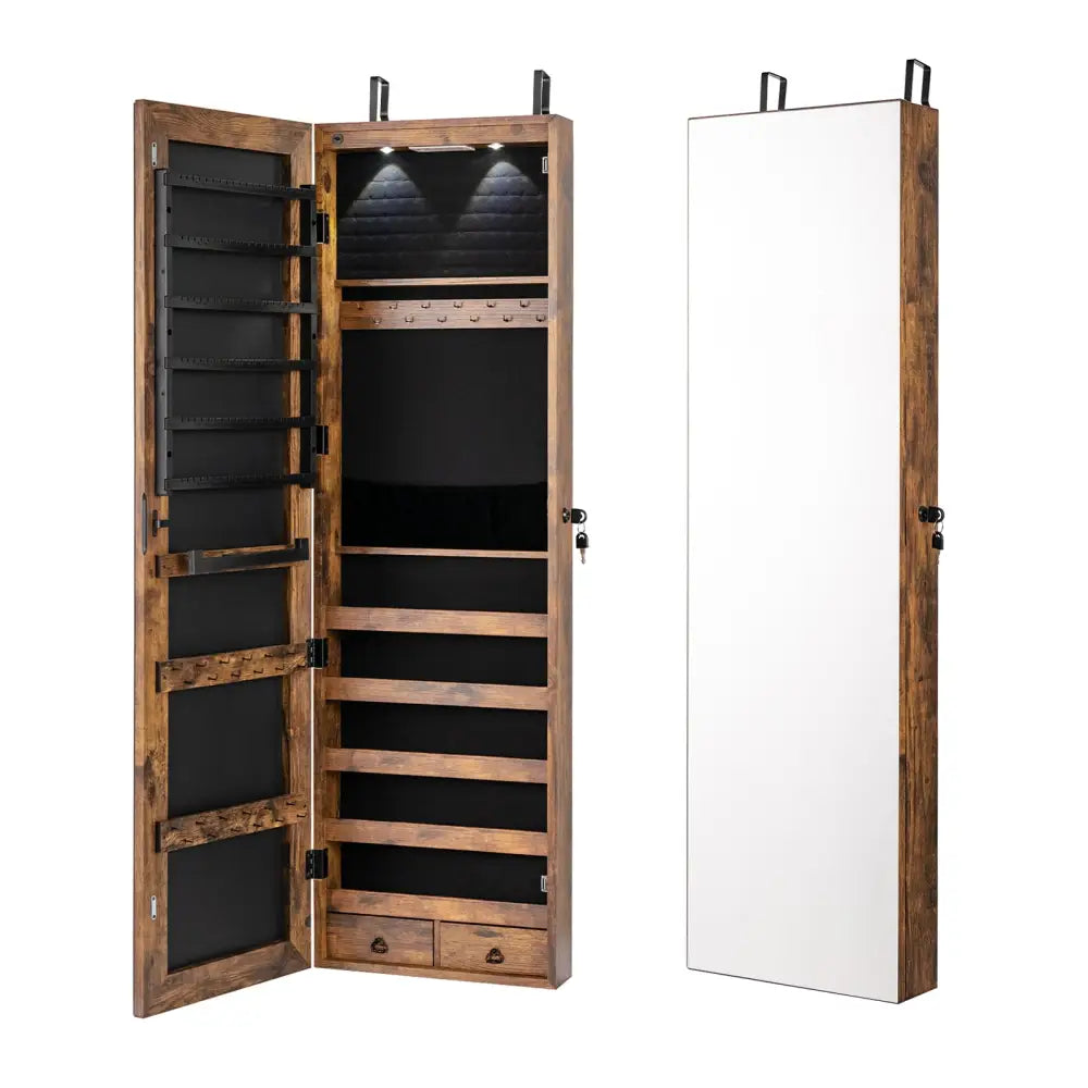 Wall and Door Mounted Mirrored Jewelry Cabinet with Lights-Rustic Brown - Rustic Brown - Jewelry Armoires