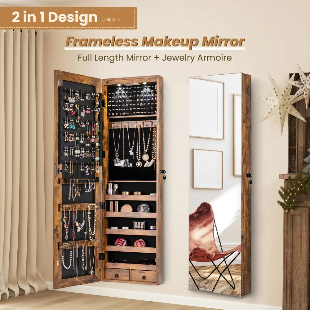 Wall and Door Mounted Mirrored Jewelry Cabinet with Lights-Rustic Brown - Rustic Brown - Jewelry Armoires