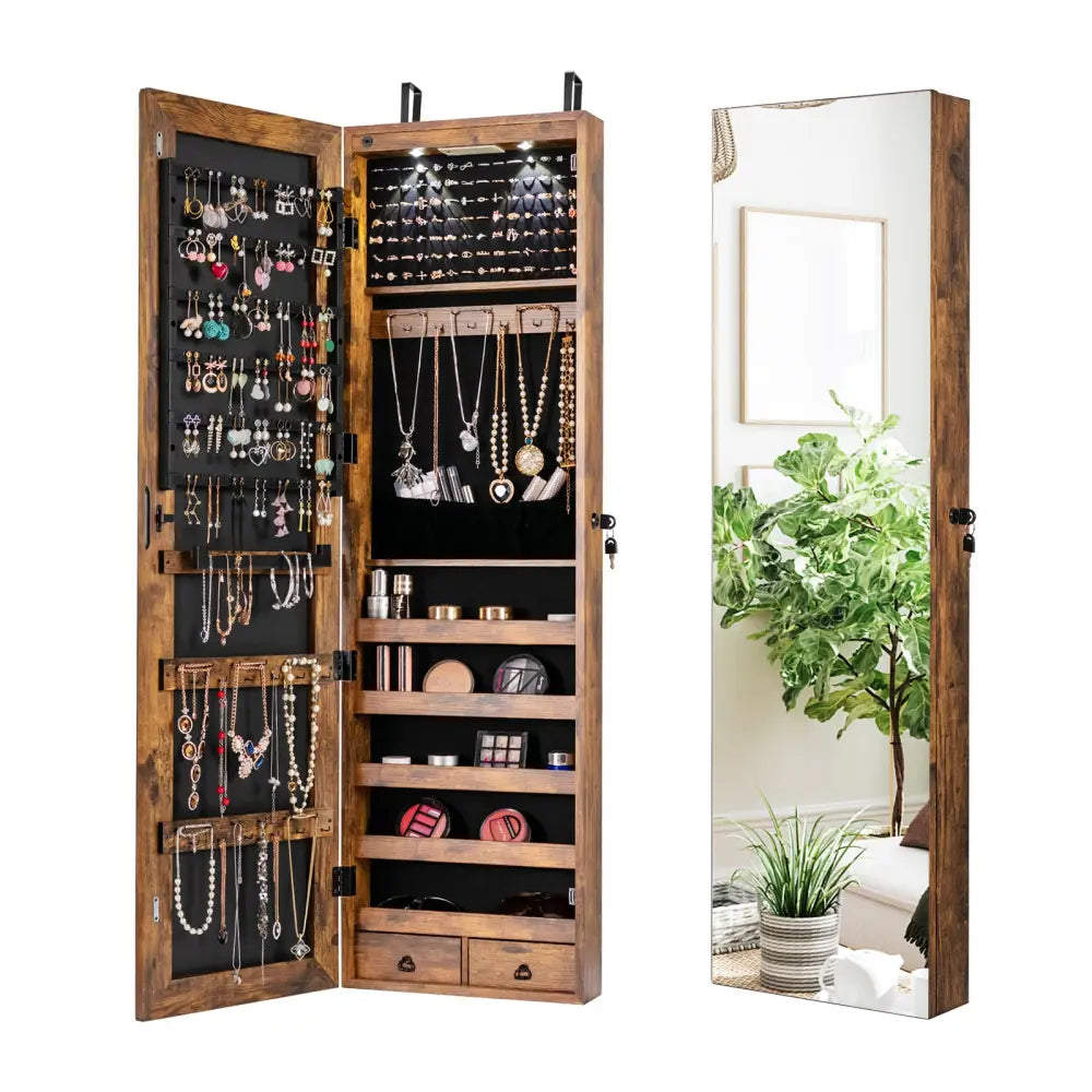 Wall and Door Mounted Mirrored Jewelry Cabinet with Lights-Rustic Brown - Rustic Brown - Jewelry Armoires