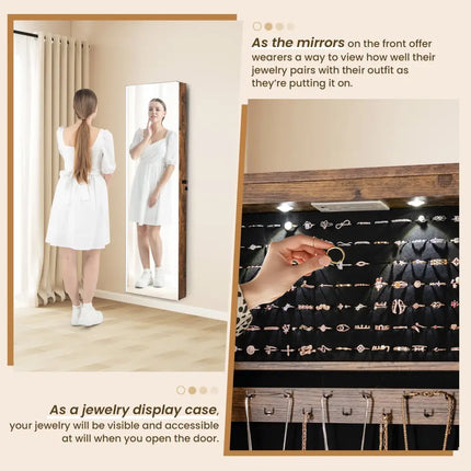 Wall and Door Mounted Mirrored Jewelry Cabinet with Lights-Rustic Brown - Rustic Brown - Jewelry Armoires