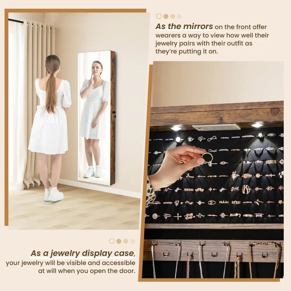 Wall and Door Mounted Mirrored Jewelry Cabinet with Lights-Rustic Brown - Rustic Brown - Jewelry Armoires