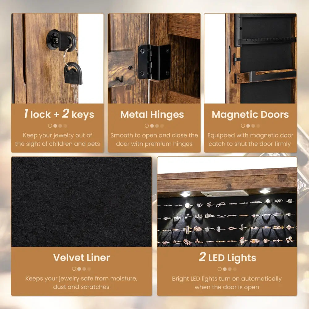 Wall and Door Mounted Mirrored Jewelry Cabinet with Lights-Rustic Brown - Rustic Brown - Jewelry Armoires