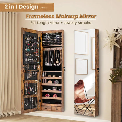 Wall and Door Mounted Mirrored Jewelry Cabinet with Lights-Rustic Brown - Rustic Brown - Jewelry Armoires