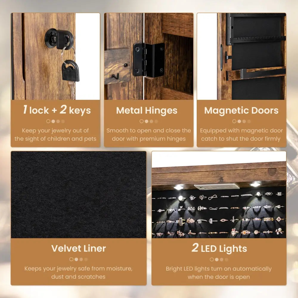 Wall and Door Mounted Mirrored Jewelry Cabinet with Lights-Rustic Brown - Rustic Brown - Jewelry Armoires