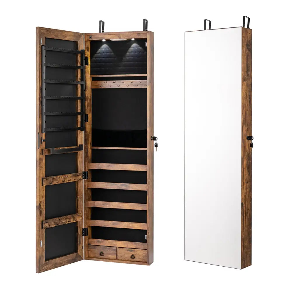 Wall and Door Mounted Mirrored Jewelry Cabinet with Lights-Rustic Brown - Rustic Brown - Jewelry Armoires