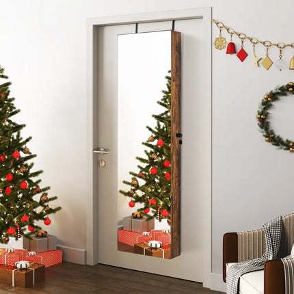 Wall and Door Mounted Mirrored Jewelry Cabinet with Lights-Rustic Brown - Rustic Brown - Jewelry Armoires
