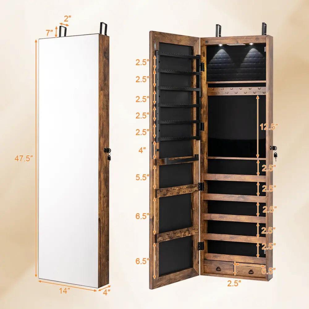 Wall and Door Mounted Mirrored Jewelry Cabinet with Lights-Rustic Brown - Rustic Brown - Jewelry Armoires