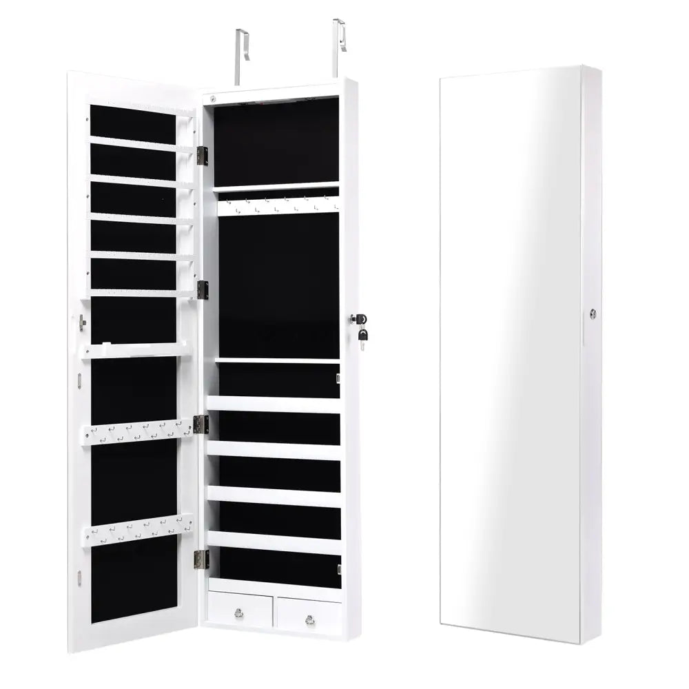 Wall and Door Mounted Mirrored Jewelry Cabinet With Lights-White - White - Jewelry Armoires