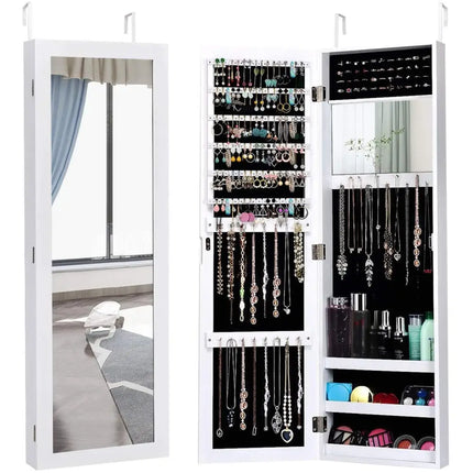 Wall Door Mounted Mirrored Jewelry Cabinet Storage Organizer-White - White - Jewelry Armoires