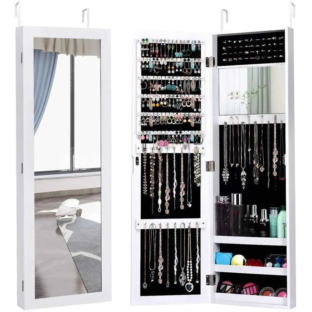 Wall Door Mounted Mirrored Jewelry Cabinet Storage Organizer-White - White - Jewelry Armoires