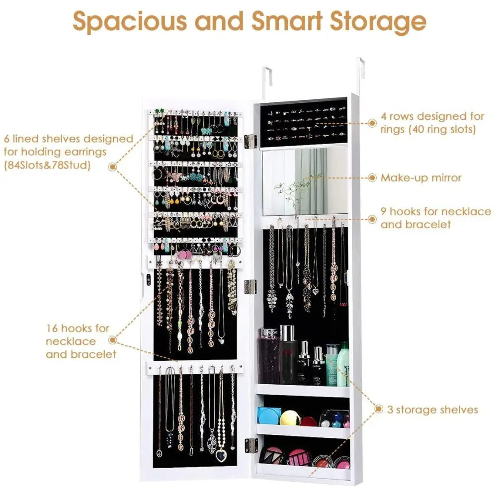 Wall Door Mounted Mirrored Jewelry Cabinet Storage Organizer-White - White - Jewelry Armoires