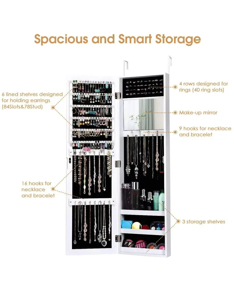 Wall Door Mounted Mirrored Jewelry Cabinet Storage Organizer-White - White - Jewelry Armoires