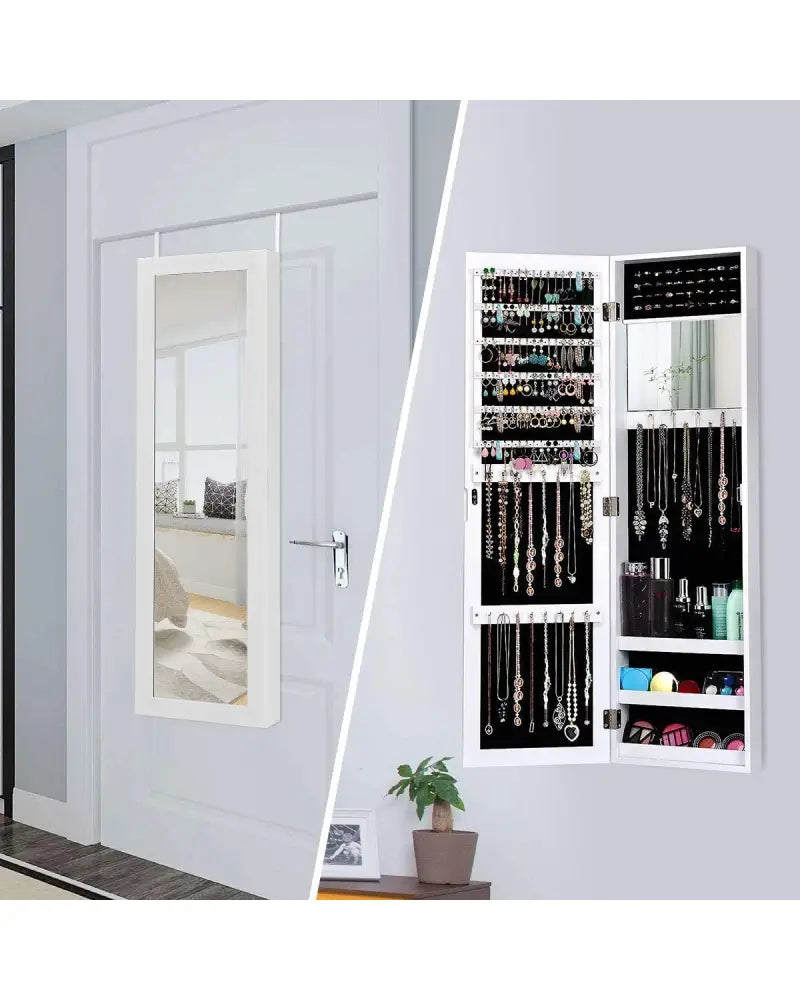 Wall Door Mounted Mirrored Jewelry Cabinet Storage Organizer-White - White - Jewelry Armoires