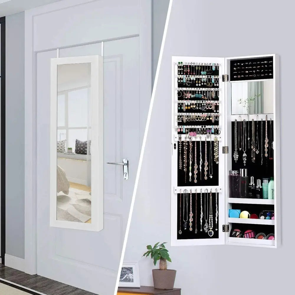 Wall Door Mounted Mirrored Jewelry Cabinet Storage Organizer-White - White - Jewelry Armoires