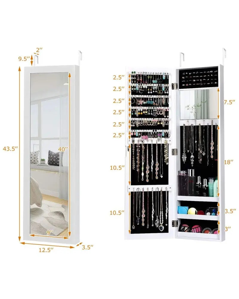 Wall Door Mounted Mirrored Jewelry Cabinet Storage Organizer-White - White - Jewelry Armoires
