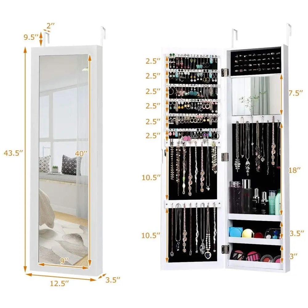 Wall Door Mounted Mirrored Jewelry Cabinet Storage Organizer-White - White - Jewelry Armoires
