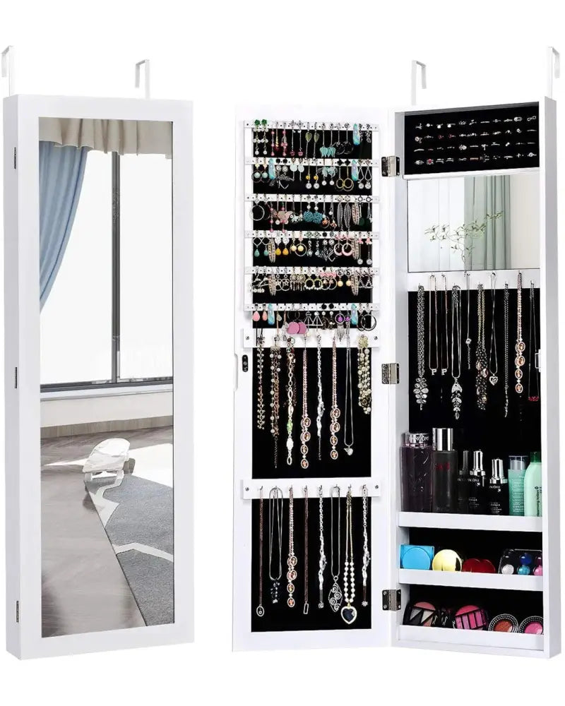 Wall Door Mounted Mirrored Jewelry Cabinet Storage Organizer-White - White - Jewelry Armoires