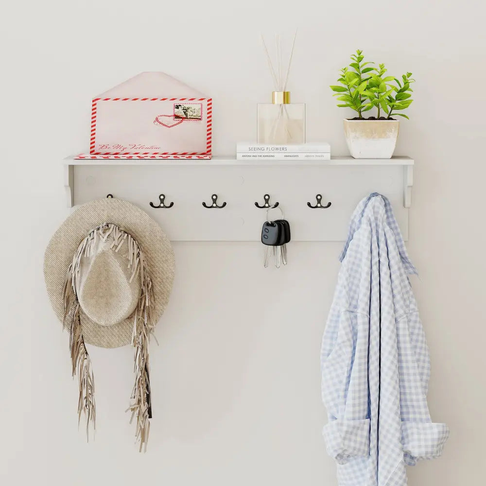 Wall Hooks with Shelf 31.5inch Wooden Coat Rack with 6 Hooks for Hats Towels Purses Robes-White - White - Coat Racks &