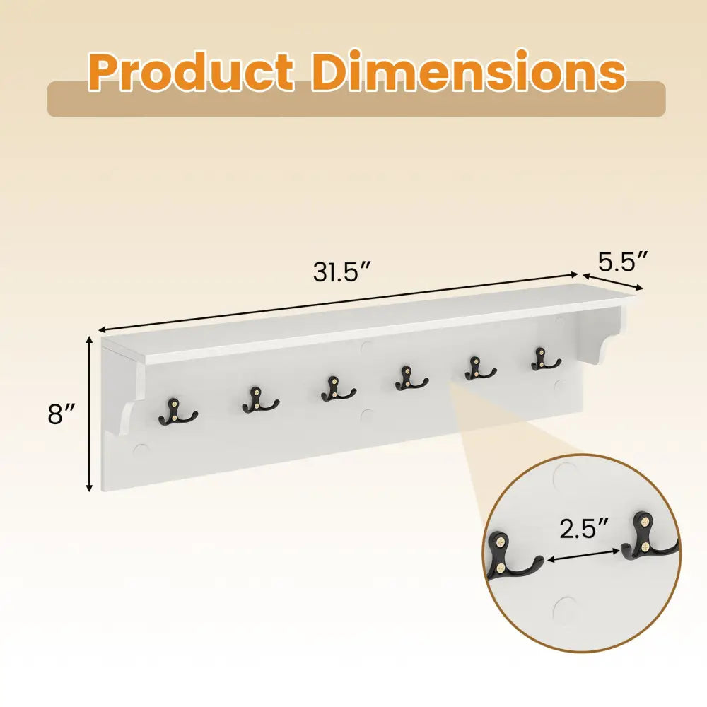 Wall Hooks with Shelf 31.5inch Wooden Coat Rack with 6 Hooks for Hats Towels Purses Robes-White - White - Coat Racks &