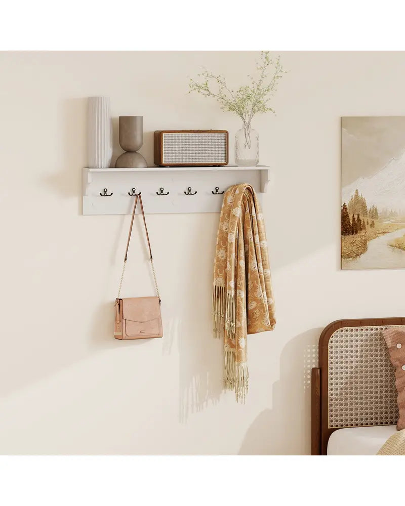 Wall Hooks with Shelf 31.5inch Wooden Coat Rack with 6 Hooks for Hats Towels Purses Robes-White - White - Coat Racks &