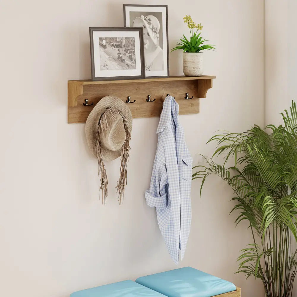 Wall Hooks with Shelf 31.5inch Wooden Coat Rack with 6 Hooks for Hats Towels Purses Robes-Natural - Natural - Coat