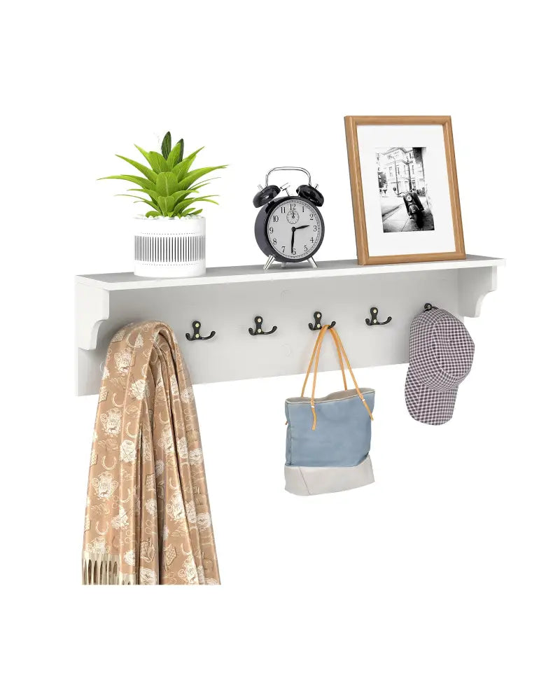 Wall Hooks with Shelf 31.5inch Wooden Coat Rack with 6 Hooks for Hats Towels Purses Robes-White - White - Coat Racks &