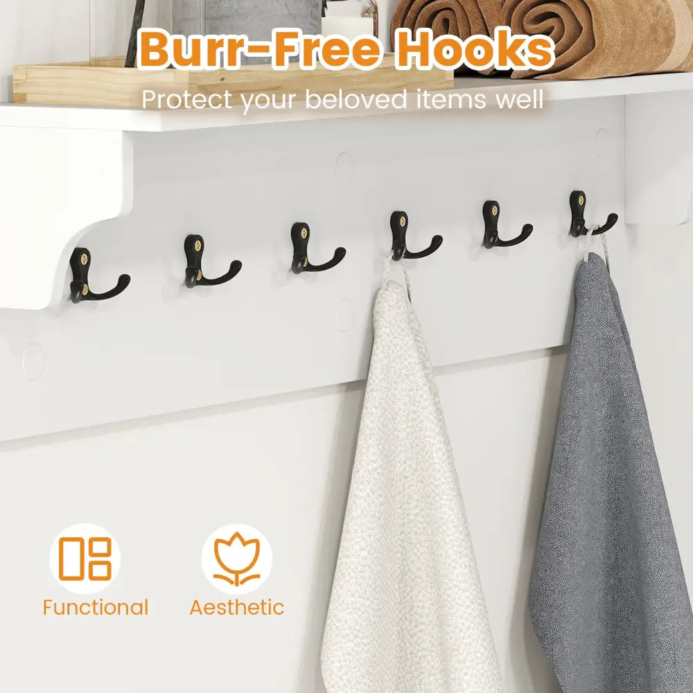 Wall Hooks with Shelf 31.5inch Wooden Coat Rack with 6 Hooks for Hats Towels Purses Robes-White - White - Coat Racks &