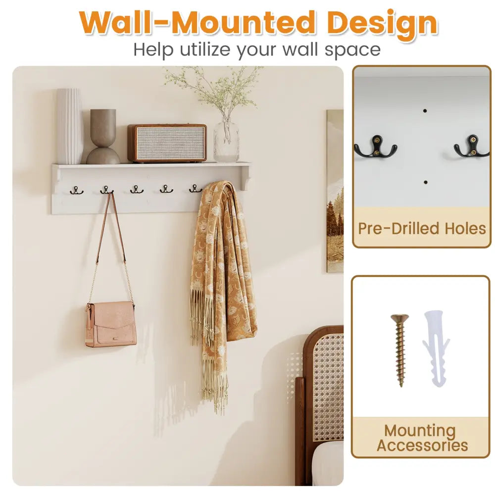Wall Hooks with Shelf 31.5inch Wooden Coat Rack with 6 Hooks for Hats Towels Purses Robes-White - White - Coat Racks &