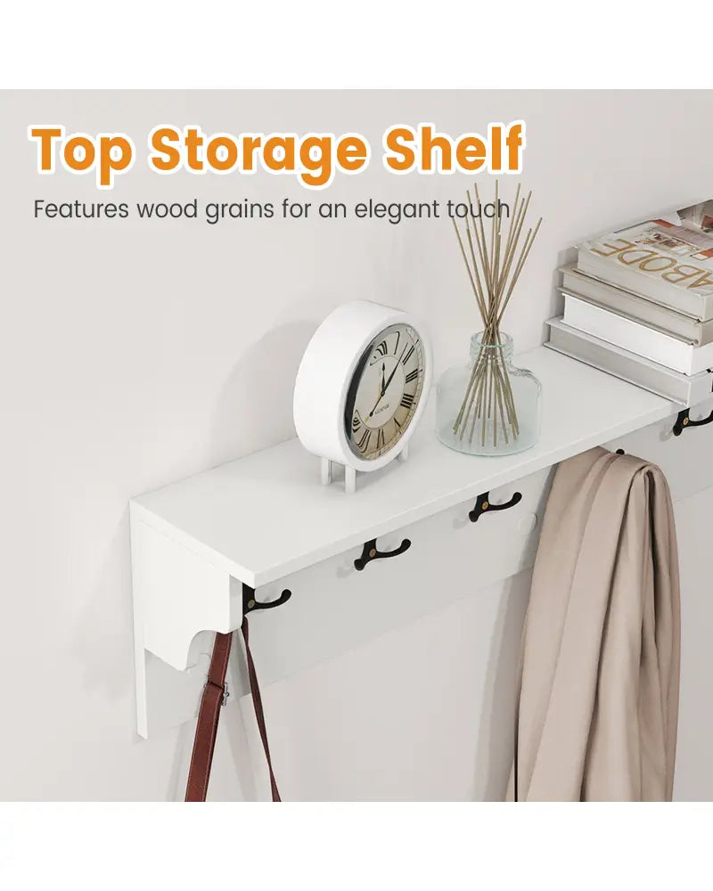 Wall Hooks with Shelf 31.5inch Wooden Coat Rack with 6 Hooks for Hats Towels Purses Robes-White - White - Coat Racks &