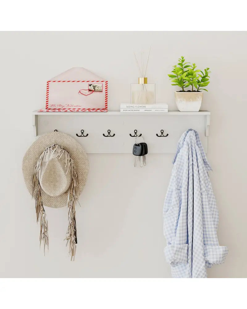 Wall Hooks with Shelf 31.5inch Wooden Coat Rack with 6 Hooks for Hats Towels Purses Robes-White - White - Coat Racks &