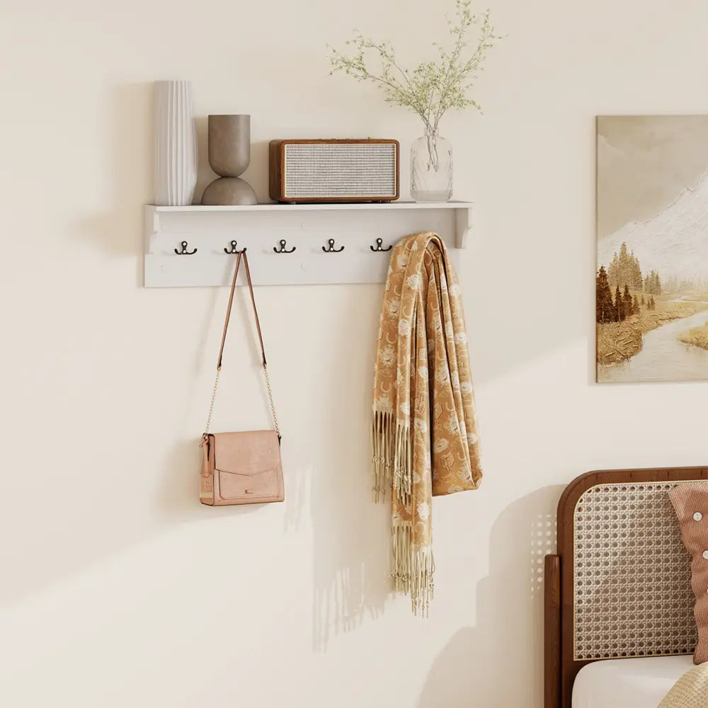Wall Hooks with Shelf 31.5inch Wooden Coat Rack with 6 Hooks for Hats Towels Purses Robes-White - White - Coat Racks &