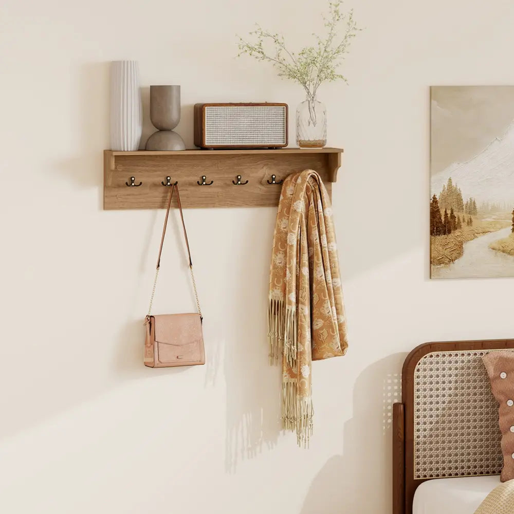 Wall Hooks with Shelf 31.5inch Wooden Coat Rack with 6 Hooks for Hats Towels Purses Robes-Natural - Natural - Coat