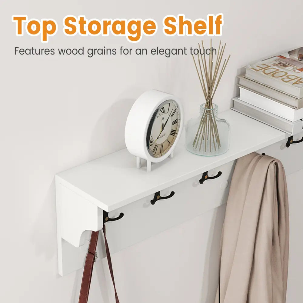 Wall Hooks with Shelf 31.5inch Wooden Coat Rack with 6 Hooks for Hats Towels Purses Robes-White - White - Coat Racks &